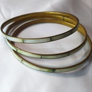 Set of 3 Mother of Pearl Inlay Brass Bangles. Preloved. 1970's